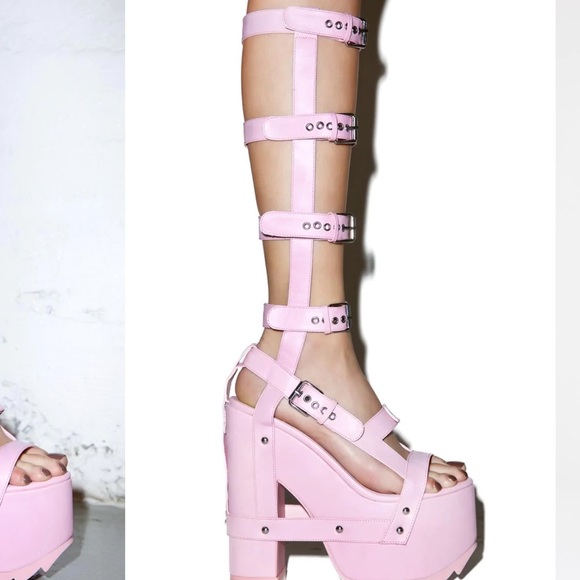 Y.r.u Baby Nightcall Hi Platform Heels pink buckled straps bondage y2k dollskill - Picture 2 of 4
